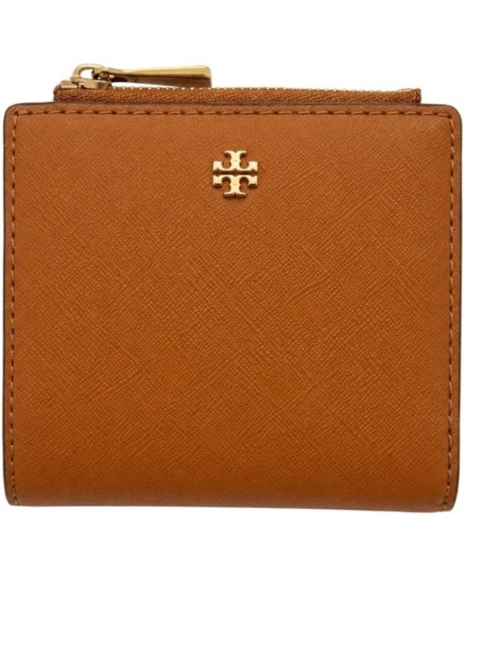 Tory Burch Small Zip Card Wallet in Caramel Brown with Gold Logo